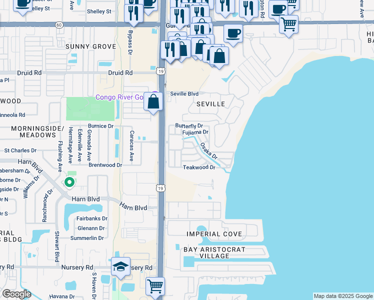 map of restaurants, bars, coffee shops, grocery stores, and more near 2631 Japonica Drive in Clearwater