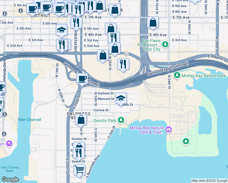 map of restaurants, bars, coffee shops, grocery stores, and more near 2618 Durham Street in Tampa