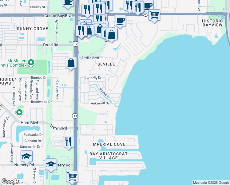 map of restaurants, bars, coffee shops, grocery stores, and more near 2678 Rickshaw Drive in Clearwater