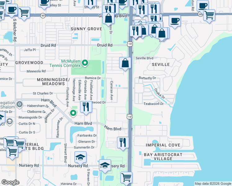 map of restaurants, bars, coffee shops, grocery stores, and more near 1261 Caracas Avenue in Clearwater