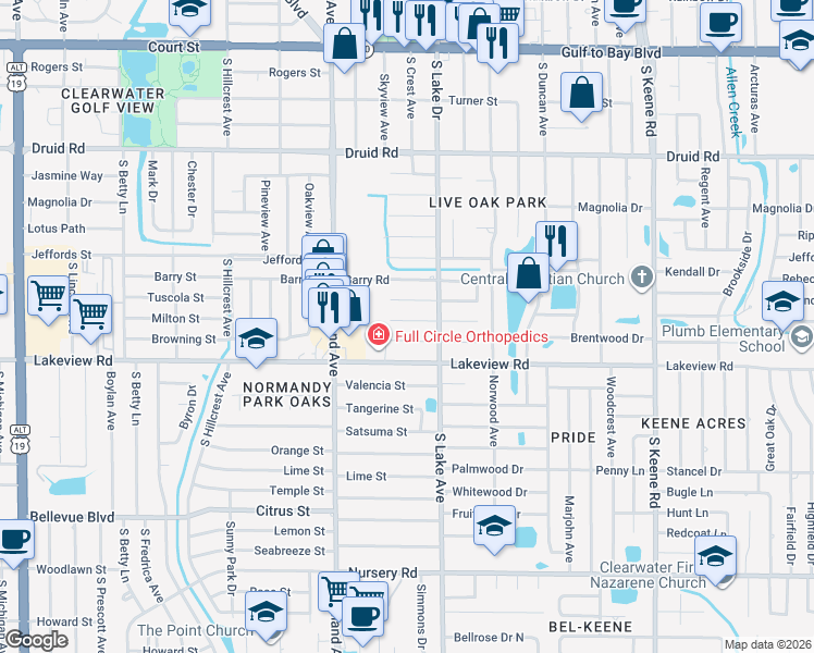 map of restaurants, bars, coffee shops, grocery stores, and more near 1535 Illinois Road in Clearwater