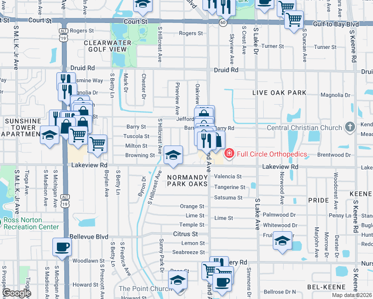 map of restaurants, bars, coffee shops, grocery stores, and more near 1255 Pineview Avenue in Clearwater