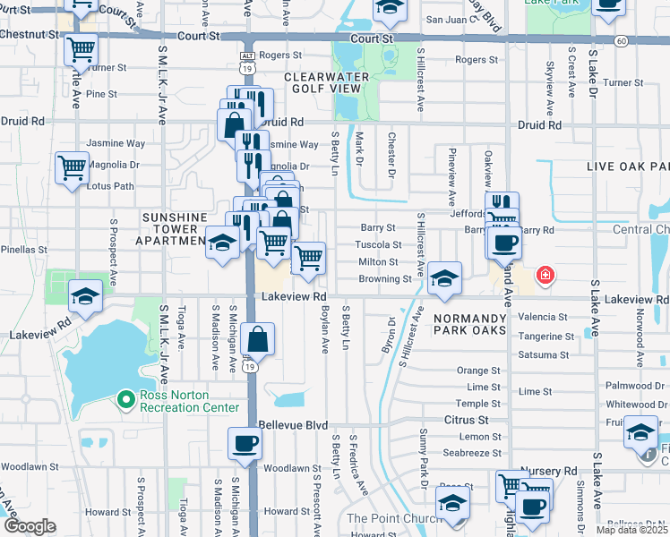 map of restaurants, bars, coffee shops, grocery stores, and more near 311 South Betty Lane in Clearwater