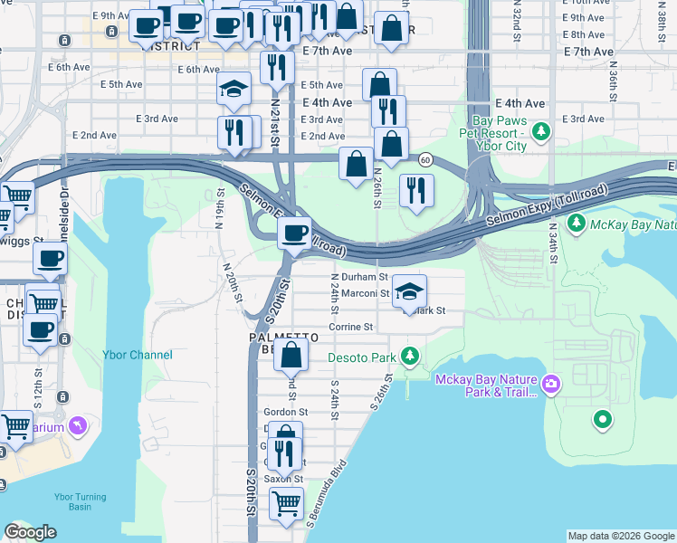 map of restaurants, bars, coffee shops, grocery stores, and more near 2402 Durham Street in Tampa