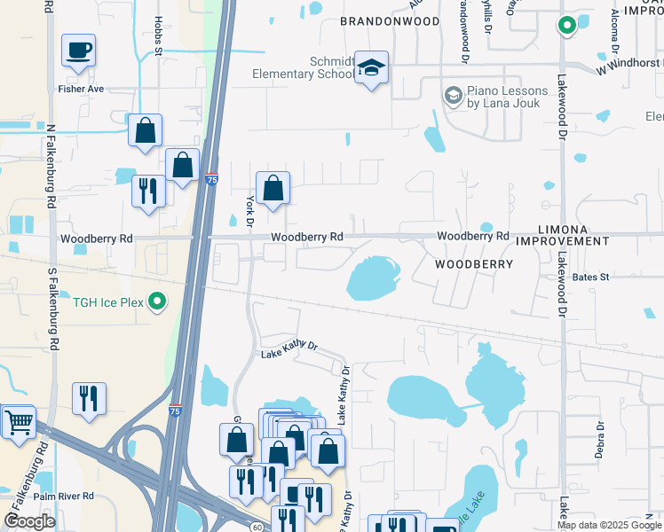 map of restaurants, bars, coffee shops, grocery stores, and more near 2443 Lake Woodberry Circle in Brandon