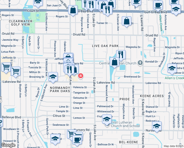 map of restaurants, bars, coffee shops, grocery stores, and more near 1551 Illinois Road in Clearwater
