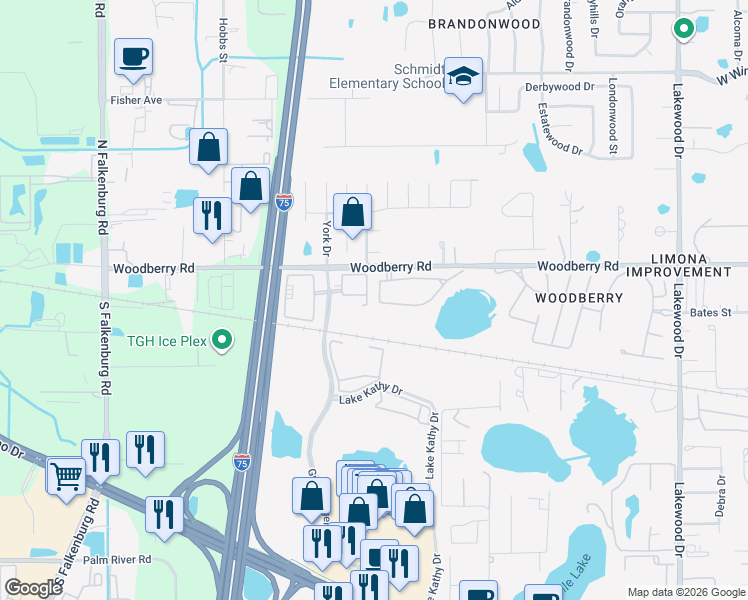 map of restaurants, bars, coffee shops, grocery stores, and more near 2349 Lake Woodberry Circle in Brandon