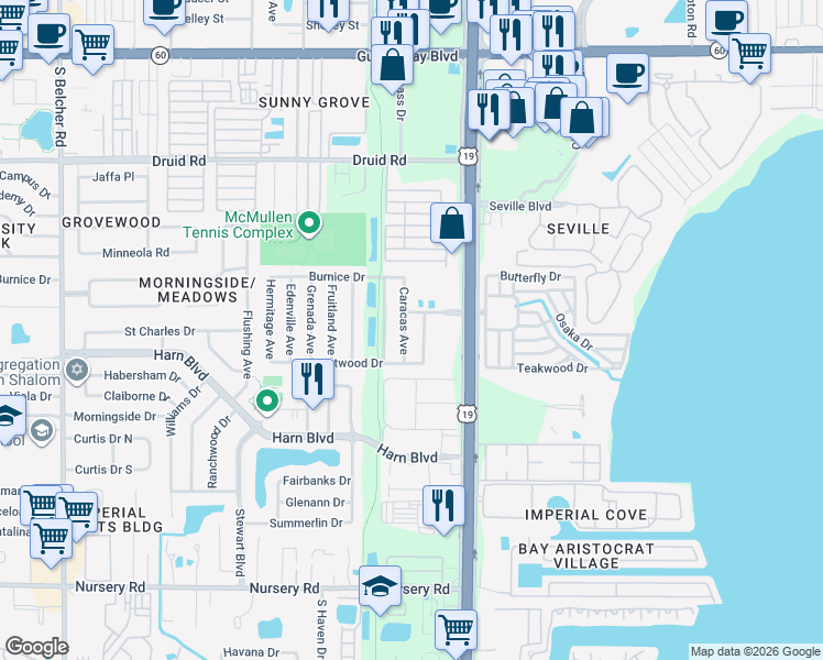 map of restaurants, bars, coffee shops, grocery stores, and more near 1261 Caracas Avenue in Clearwater