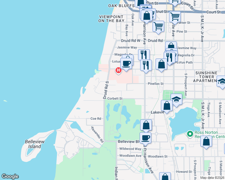 map of restaurants, bars, coffee shops, grocery stores, and more near 214 Watkins Road in Belleair