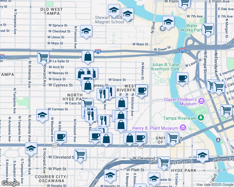 map of restaurants, bars, coffee shops, grocery stores, and more near 1306 West State Street in Tampa