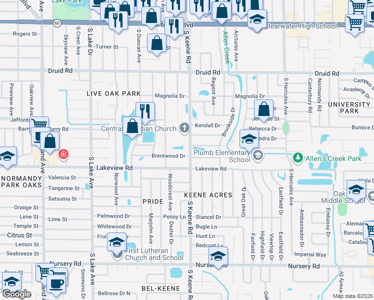 map of restaurants, bars, coffee shops, grocery stores, and more near 1204 South Keene Road in Clearwater