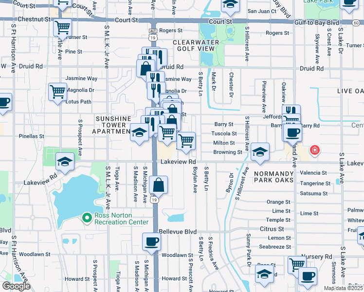 map of restaurants, bars, coffee shops, grocery stores, and more near 1281 South Lincoln Avenue in Clearwater