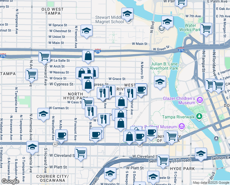 map of restaurants, bars, coffee shops, grocery stores, and more near 1306 West State Street in Tampa