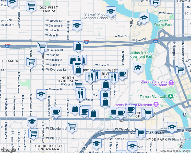 map of restaurants, bars, coffee shops, grocery stores, and more near 807 North Oregon Avenue in Tampa