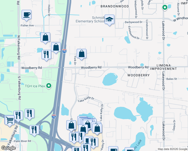 map of restaurants, bars, coffee shops, grocery stores, and more near 2411 Lake Woodberry Circle in Brandon