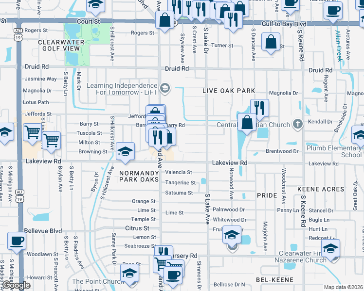 map of restaurants, bars, coffee shops, grocery stores, and more near 1535 Illinois Road in Clearwater