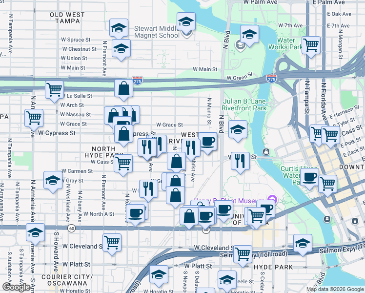 map of restaurants, bars, coffee shops, grocery stores, and more near 902 North Newport Avenue in Tampa