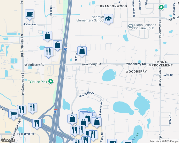 map of restaurants, bars, coffee shops, grocery stores, and more near 2349 Lake Woodberry Circle in Brandon