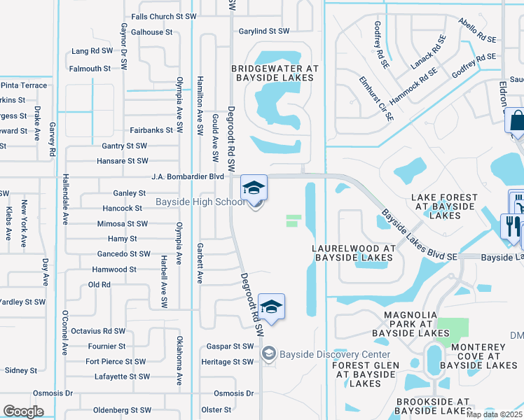 map of restaurants, bars, coffee shops, grocery stores, and more near 1901 Degroodt Road Southwest in Palm Bay