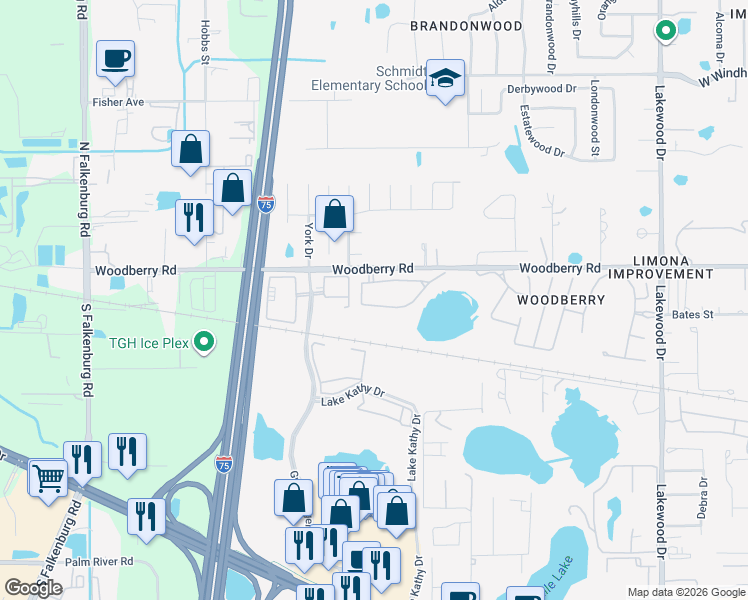 map of restaurants, bars, coffee shops, grocery stores, and more near 2349 Lake Woodberry Circle in Brandon