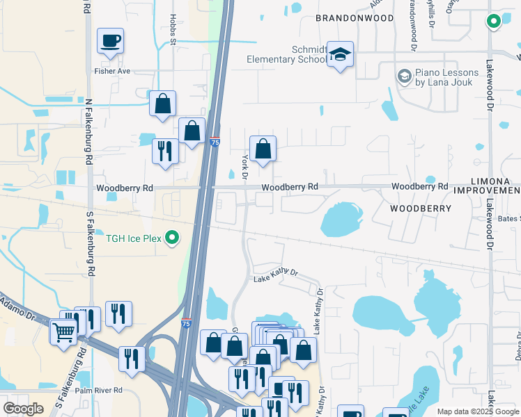map of restaurants, bars, coffee shops, grocery stores, and more near 2403 Goodberry Place in Brandon