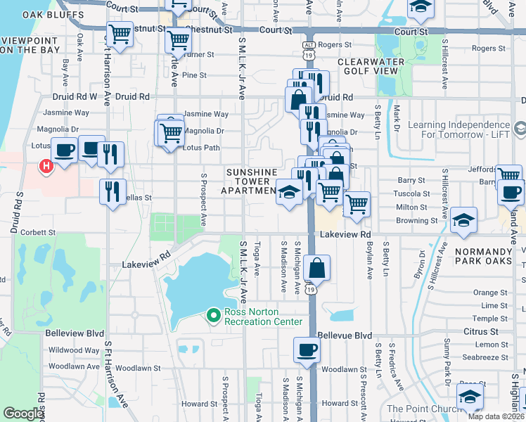map of restaurants, bars, coffee shops, grocery stores, and more near 1135 Pinellas Street in Clearwater