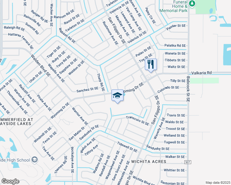map of restaurants, bars, coffee shops, grocery stores, and more near 1350 Wyoming Drive Southeast in Palm Bay