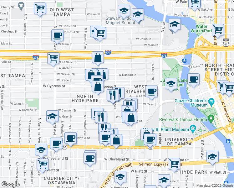 map of restaurants, bars, coffee shops, grocery stores, and more near 809 North Oregon Avenue in Tampa