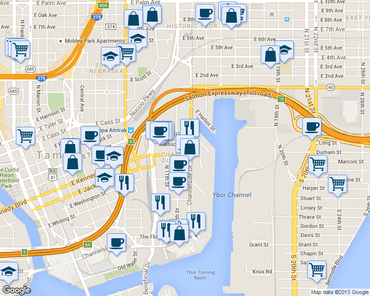 map of restaurants, bars, coffee shops, grocery stores, and more near 1112 Channelside Drive in Tampa