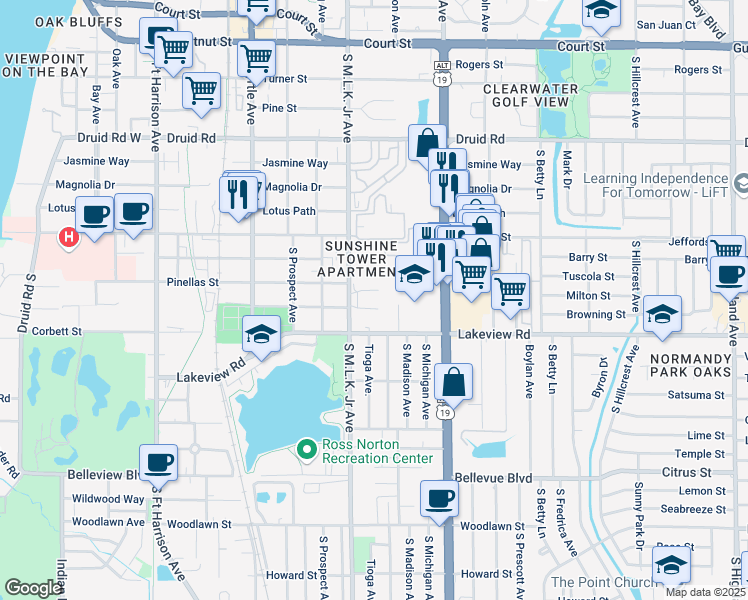 map of restaurants, bars, coffee shops, grocery stores, and more near 1102 Tuskawilla Drive in Clearwater