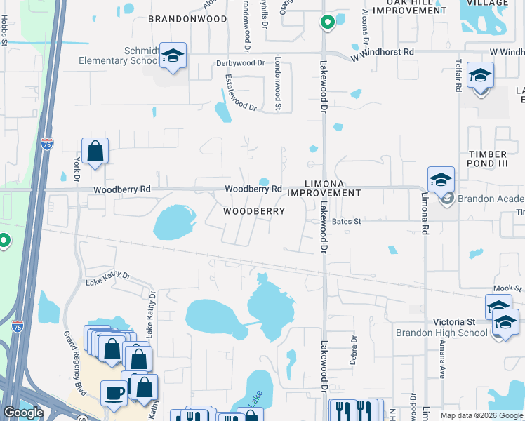 map of restaurants, bars, coffee shops, grocery stores, and more near 801 Straw Lake Drive in Brandon