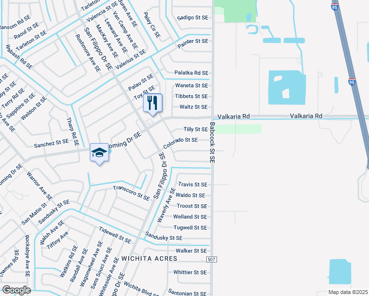 map of restaurants, bars, coffee shops, grocery stores, and more near 1625 Westcott Street Southeast in Palm Bay