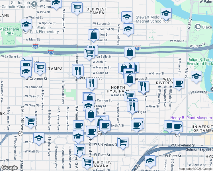 map of restaurants, bars, coffee shops, grocery stores, and more near 1922 West State Street in Tampa