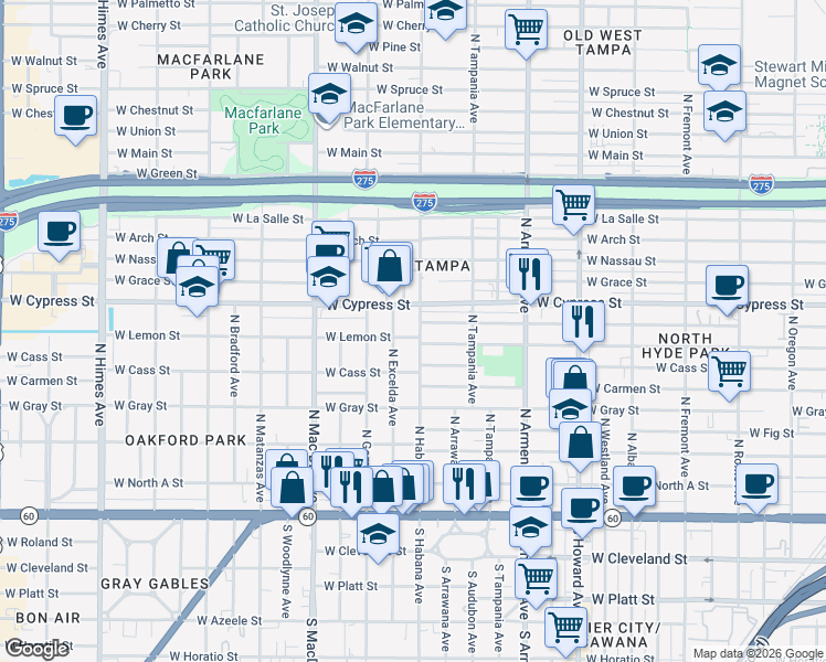 map of restaurants, bars, coffee shops, grocery stores, and more near 802 North Habana Avenue in Tampa