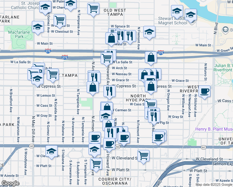 map of restaurants, bars, coffee shops, grocery stores, and more near 2112 West State Street in Tampa