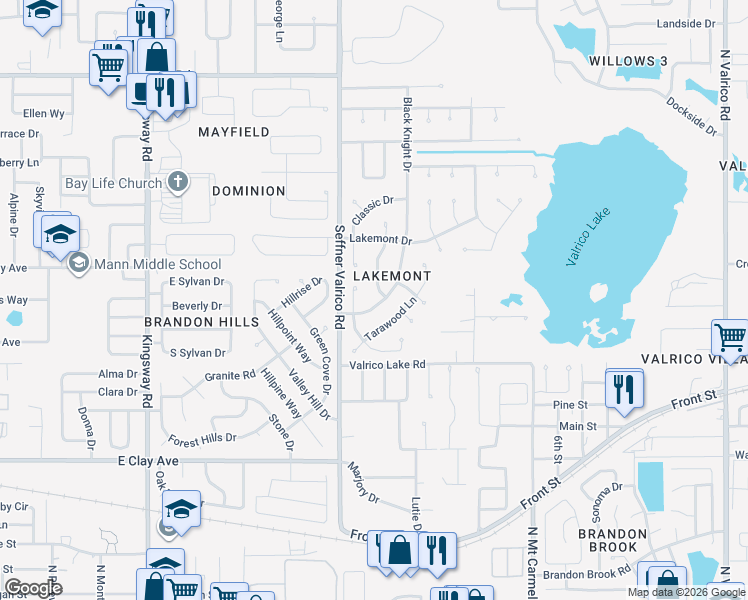 map of restaurants, bars, coffee shops, grocery stores, and more near 810 Black Knight Drive in Valrico