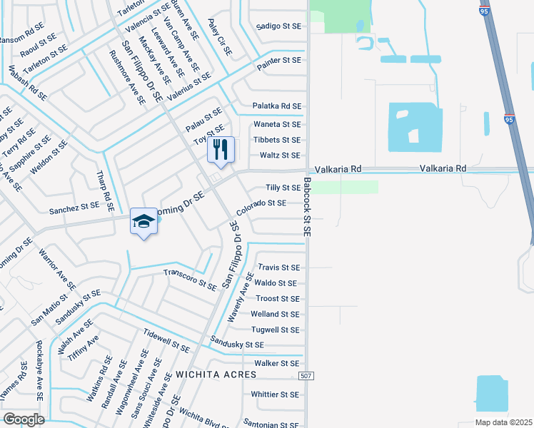 map of restaurants, bars, coffee shops, grocery stores, and more near 1625 Westcott Street Southeast in Palm Bay