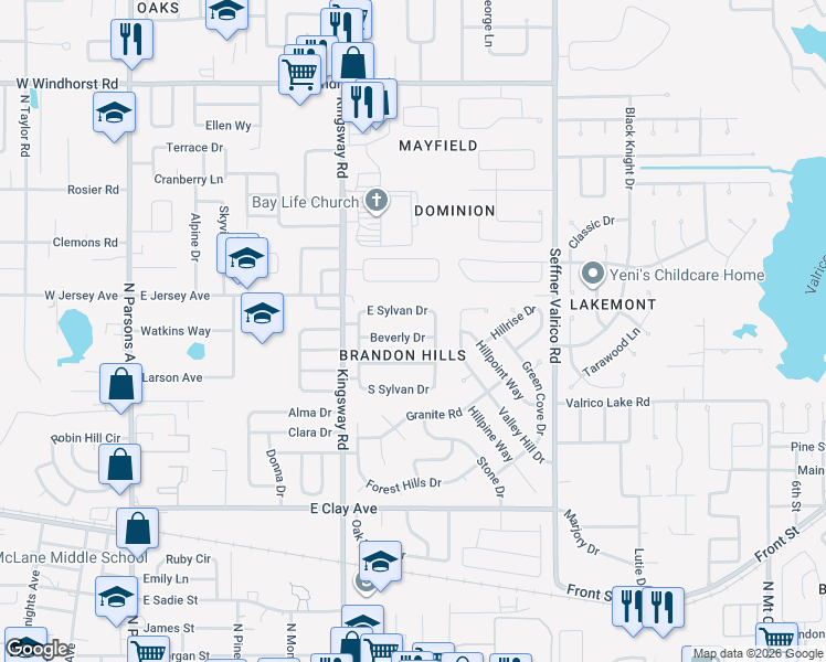 map of restaurants, bars, coffee shops, grocery stores, and more near 614 Beverly Drive in Brandon