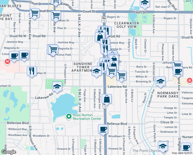 map of restaurants, bars, coffee shops, grocery stores, and more near 1156 Lakeview Road in Clearwater
