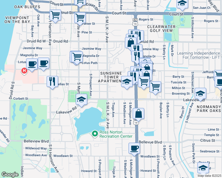 map of restaurants, bars, coffee shops, grocery stores, and more near 1111 Pinellas Street in Clearwater