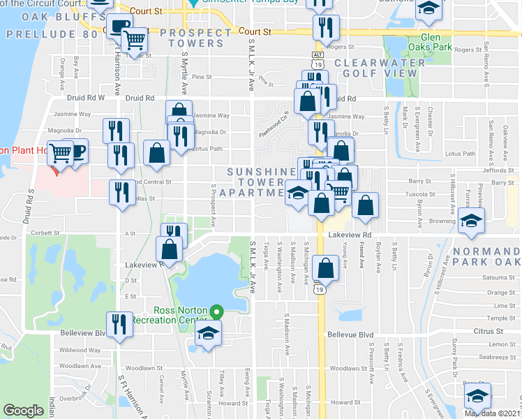map of restaurants, bars, coffee shops, grocery stores, and more near 1102 Tuskawilla Drive in Clearwater