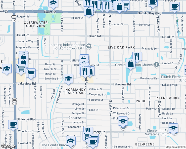map of restaurants, bars, coffee shops, grocery stores, and more near 1269 South Highland Avenue in Clearwater