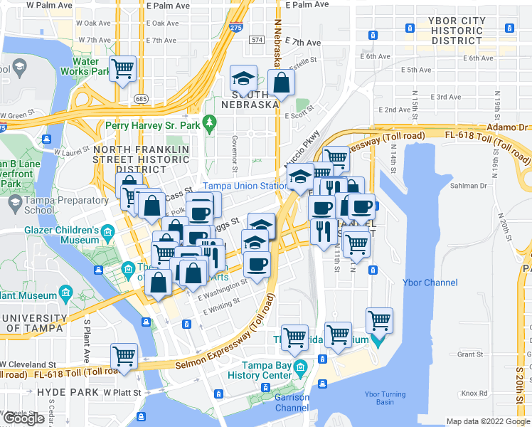 map of restaurants, bars, coffee shops, grocery stores, and more near 901 East Twiggs Street in Tampa
