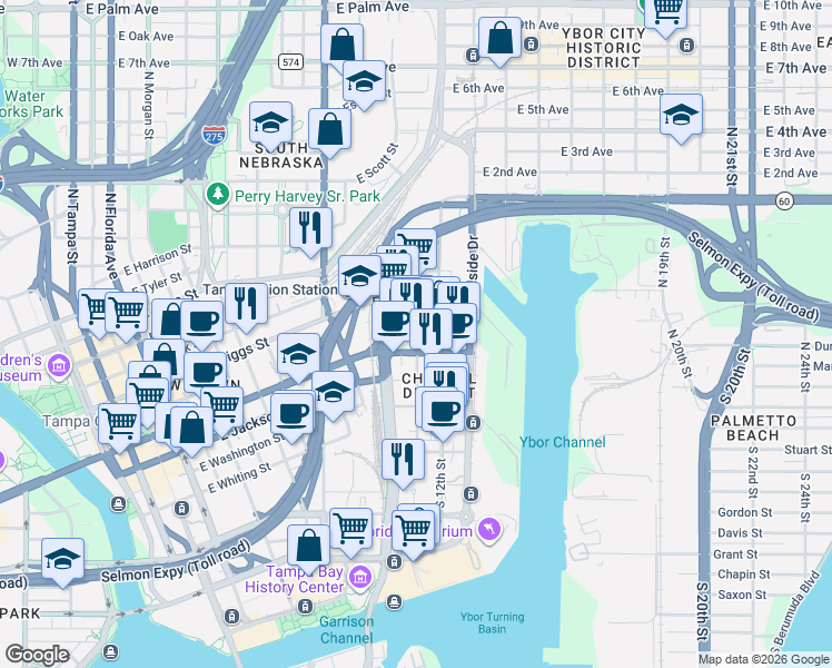 map of restaurants, bars, coffee shops, grocery stores, and more near 123 North 11th Street in Tampa