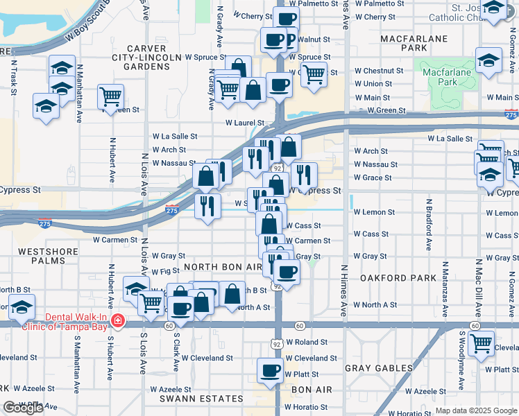 map of restaurants, bars, coffee shops, grocery stores, and more near 3823 West Lemon Street in Tampa