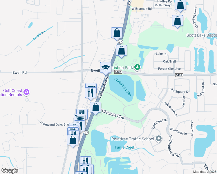map of restaurants, bars, coffee shops, grocery stores, and more near 755 Christina Lake Drive in Lakeland