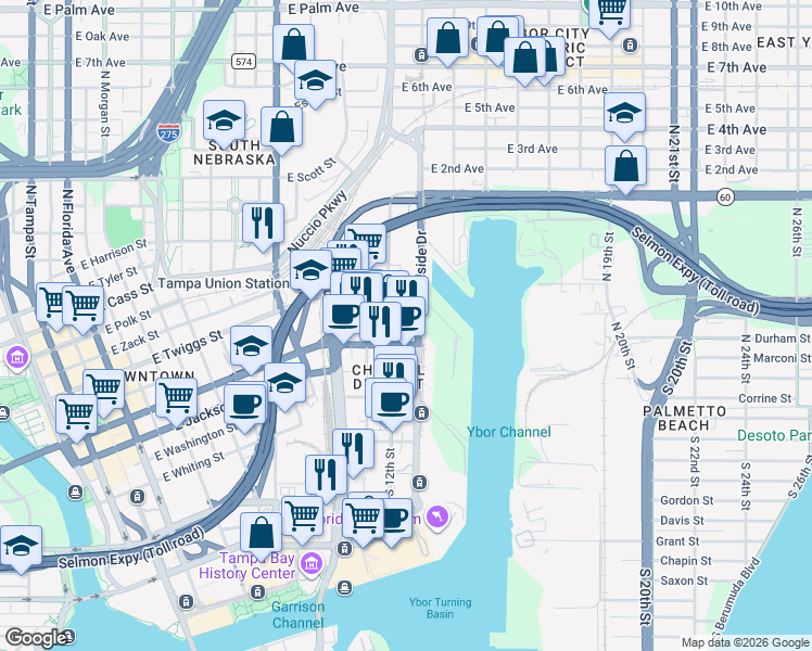 map of restaurants, bars, coffee shops, grocery stores, and more near 1227 East Madison Street in Tampa