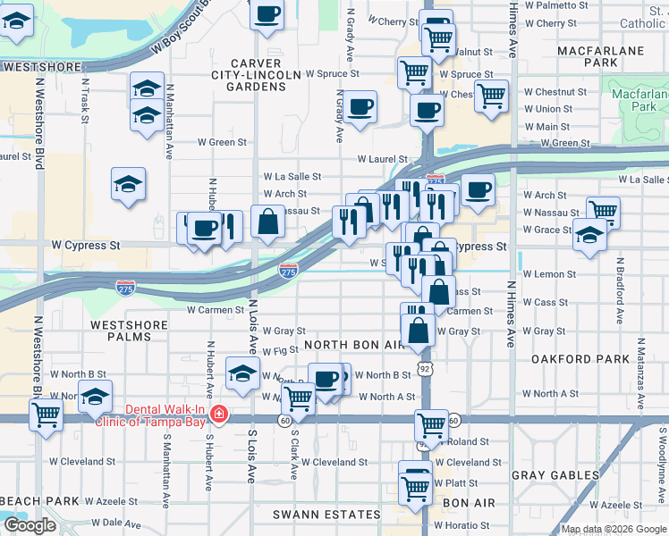 map of restaurants, bars, coffee shops, grocery stores, and more near 4007 West Lemon Street in Tampa