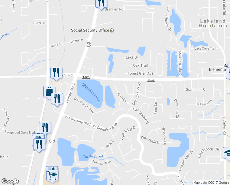 map of restaurants, bars, coffee shops, grocery stores, and more near 236 Birch Lane in Lakeland