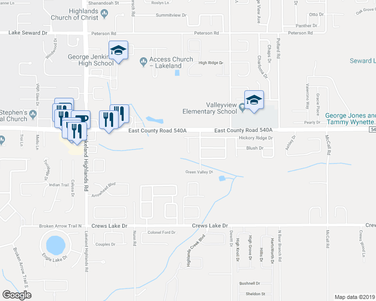 map of restaurants, bars, coffee shops, grocery stores, and more near 6262 Pond View Lane in Lakeland